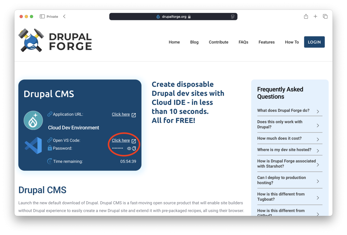 Launch widget on Drupal Forge with link to open cloud dev environment circled.