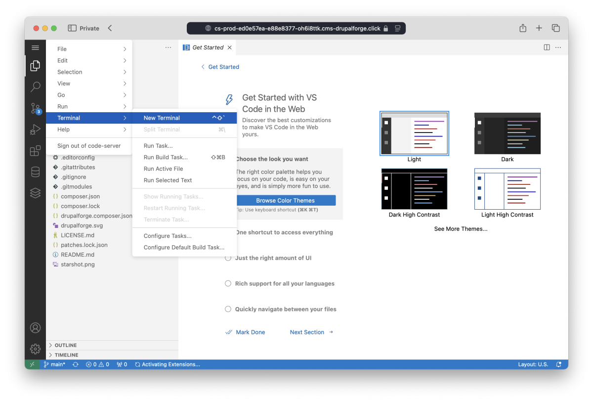 Cloud IDE with terminal menu open.